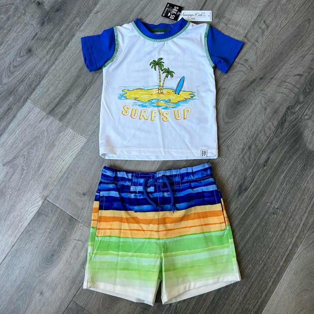 NWT Baby Boy Graphic Rashguard Swim Top & Trunks Set, White/Blue